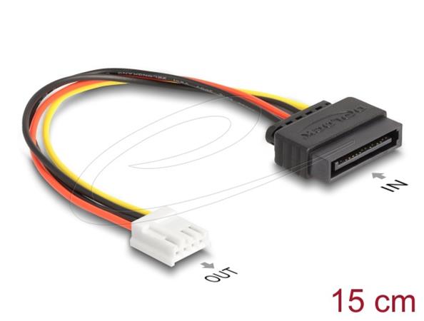 Delock Napájecí kabel SATA, z 15 pinové zástrčky na 1 x 4 pinovou zásuvku disketové mechaniky floppy, 15 cm
