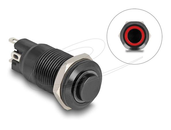 Delock Push Switch pro instalaci černý 12 mm 12 V 4 x pájené připojení LED červený kroužek