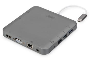 DIGITUS Univerzální dokovací stanice , USB-C, 11 portů, šedá 3x video, 1x USB-C, 3x USB3.0, RJ45, 2x čtečka karet